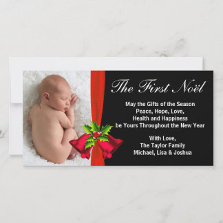 Red Bells Baby's First Christmas Foto Card Feiertagskarte