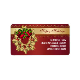 Red Bells Gold Holly Red Christmas Address Labels Adressaufkleber
