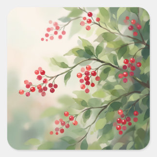 Red Berries and Green Leaves Branch Quadratischer Aufkleber
