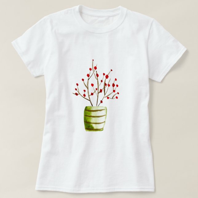 Red Berries Aquarellen Weihnachten T-Shirt (Design vorne)