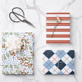 Red Berries Blue Blumen Kariert Streifen Weihnacht Geschenkpapier Set