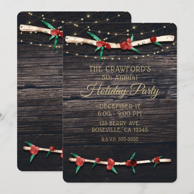 Red Berries Branches & Lights Rustic Holiday Party Einladung (Vorne/Hinten)