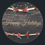 Red Berries Branches & Lights Rustic Holiday Party Runder Aufkleber<br><div class="desc">Anpassen mit jedem gewollt Text.</div>