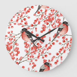 Red Berries Bullfingen Aquarellmuster Große Wanduhr
