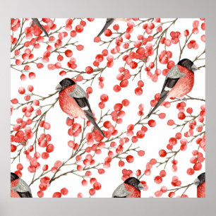 Red Berries Bullfingen Aquarellmuster Poster