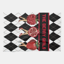 Red Berries Cartoon Ladys on Black & White Plaid Geschirrtuch