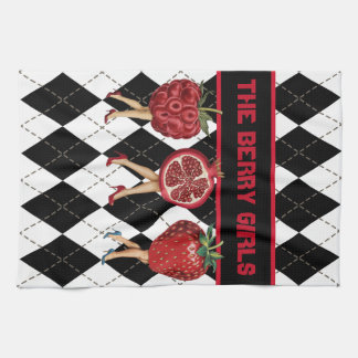 Red Berries Cartoon Ladys on Black & White Plaid Geschirrtuch