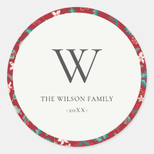 Red Berries Christmas Floral Patterns Monogram Runder Aufkleber
