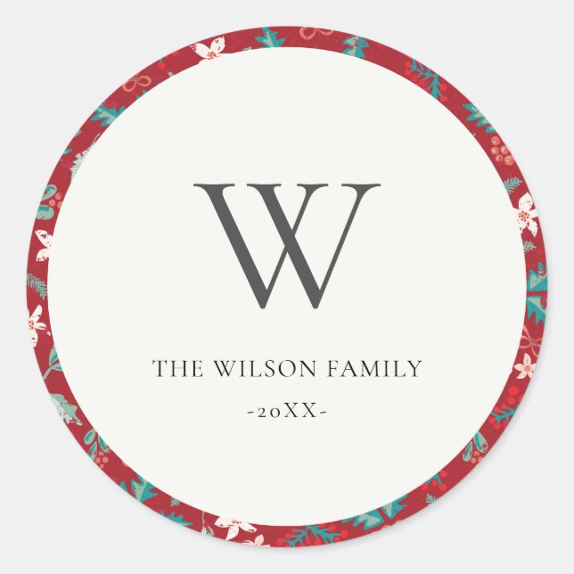 Red Berries Christmas Floral Patterns Monogram Runder Aufkleber (Vorderseite)
