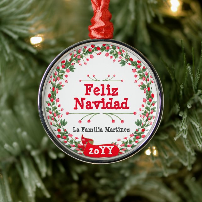 Red Berries Feliz Navidad Wreath Ornament Aus Metall (Baum)