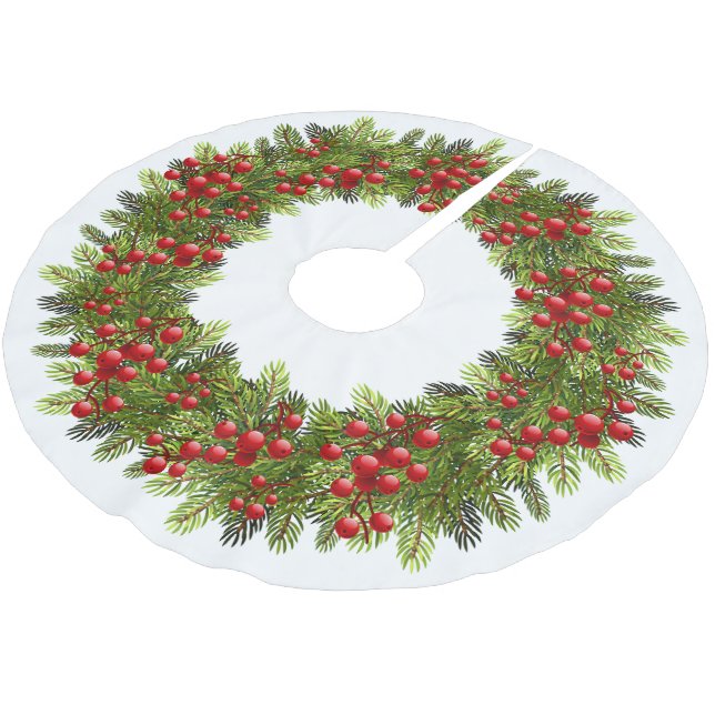 Red Berries Green Pine Tree Needles Wreath Motif Polyester Weihnachtsbaumdecke (Schrägansicht)