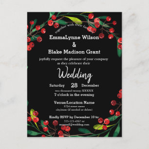 Red Berries Green Wreath Black Silver Wedding Invi Postkarte