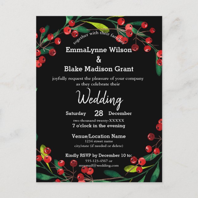 Red Berries Green Wreath Black Silver Wedding Invi Postkarte (Vorderseite)