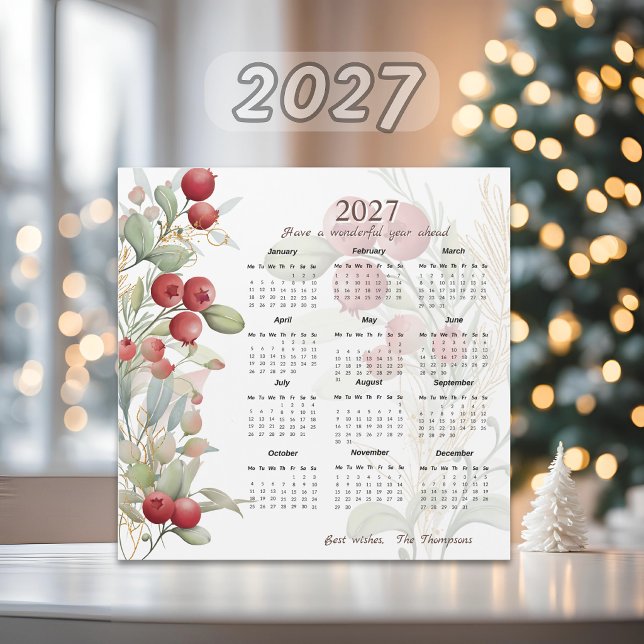Red Berries Greenery Elegant 2027 Calendar Card Magnetkarte (Von Creator hochgeladen)