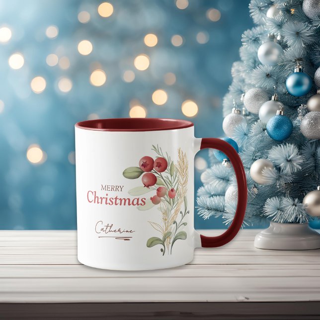 Red Berries Greenery Elegant Name Weihnachten Tasse (Von Creator hochgeladen)
