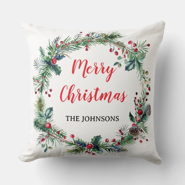 Red Berries Greenery Family Christmas Throw Pillow Kissen (Vorderseite)