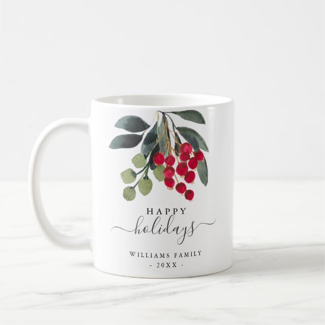 Red Berries Greenery Happy Holidays Custom Tasse (Links)