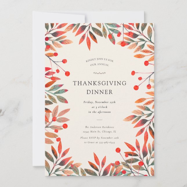 Red Berries & Herbstlaubs Erntedank Dinner Einladung (Vorderseite)