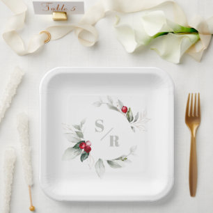 Red Berries Holiday Cheers & Her Monogram Pappteller