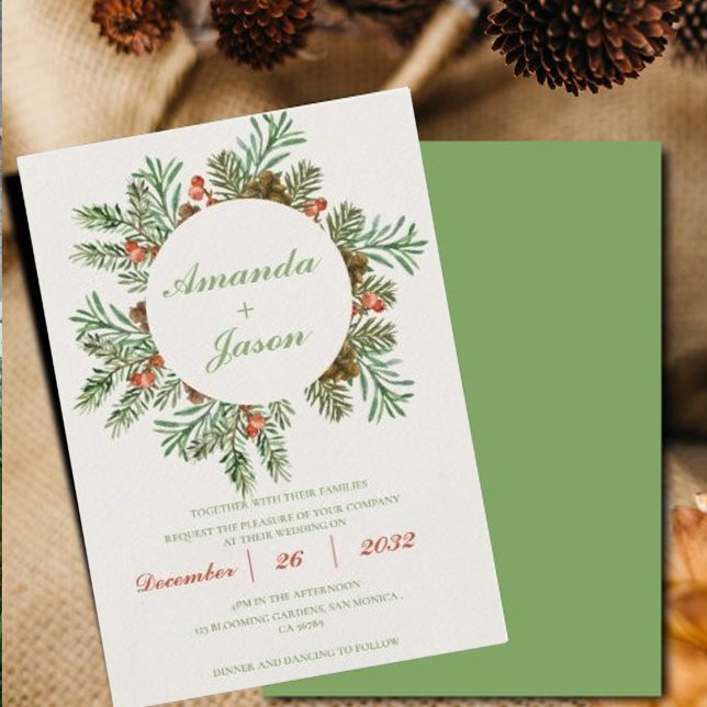 Red Berries Pine Cone Weihnachtsfeier Einladung (Red Berries Pine Cone Christmas wedding Invitation)