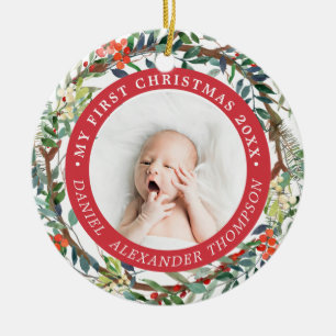 Red Berries Pine Needle Wreath Baby 1. Weihnachten Keramik Ornament