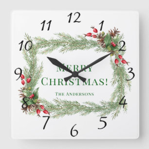 Red Berries Pine Needles Frohe Weihnachten Quadratische Wanduhr