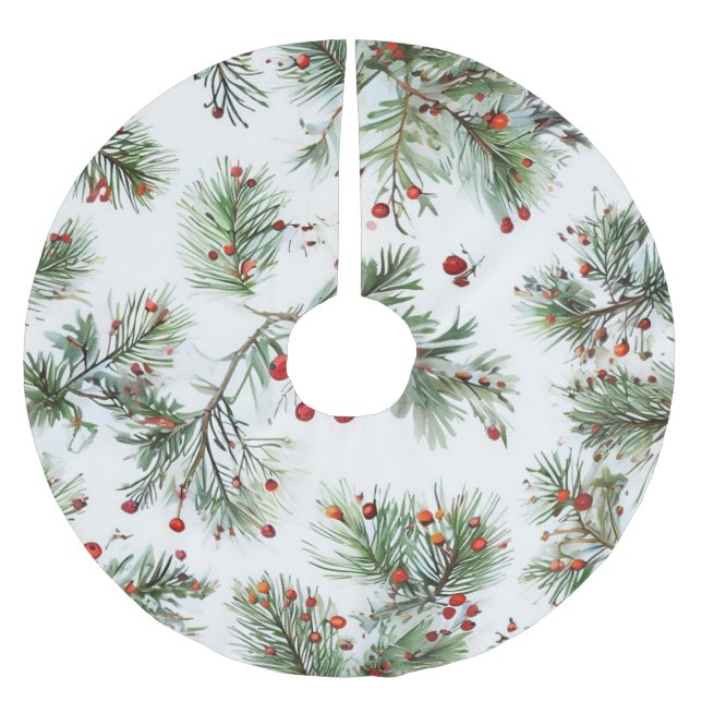 Red Berries & Pine Woodland Design Polyester Weihnachtsbaumdecke (Vorderseite)