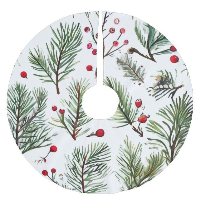 Red Berries & Pine Woodland Design Polyester Weihnachtsbaumdecke (Vorderseite)