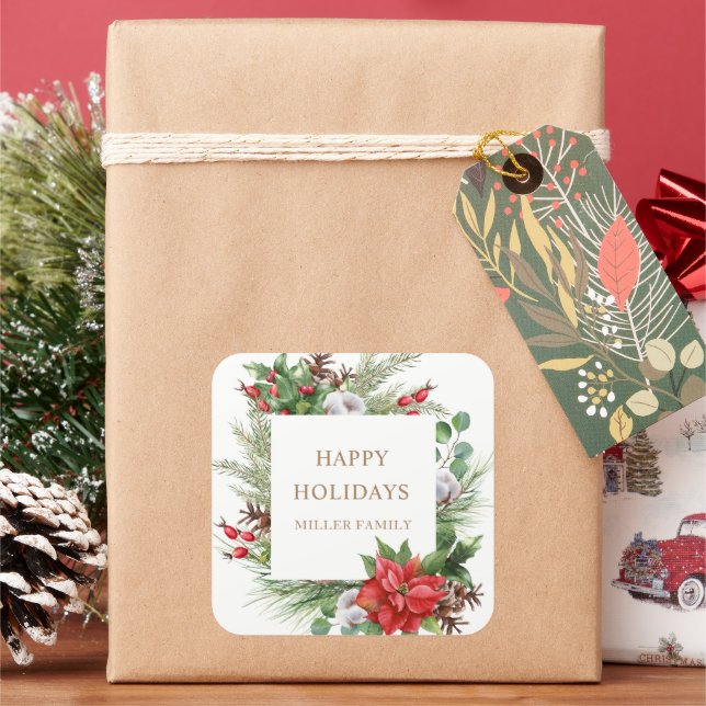 Red Berries Poinsettia Monogram Quadratischer Aufkleber (Feiertag)