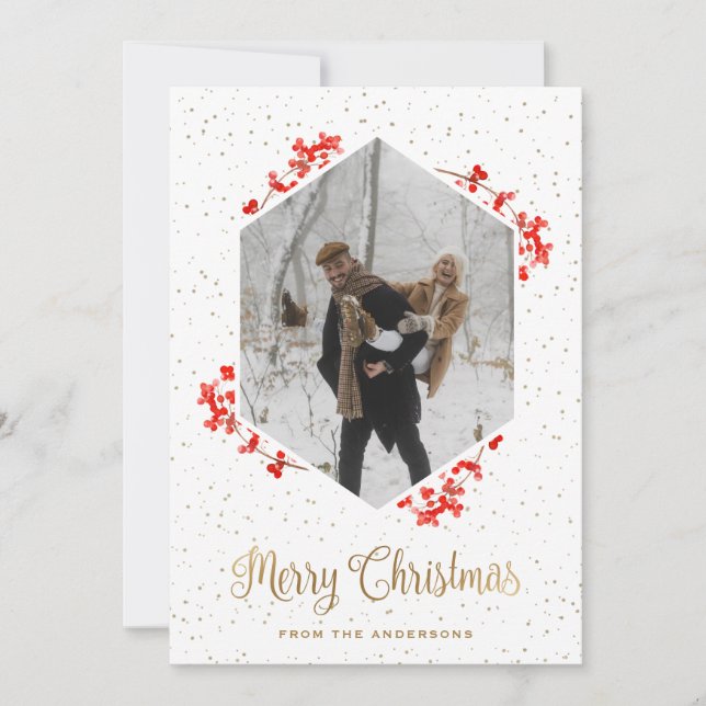 Red Berries Snow Calligrafy Foto Frohe Weihnachten (Vorderseite)