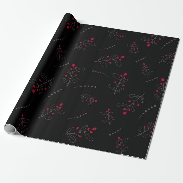 Red Berries und Blätter Weihnachten Schwarz Geschenkpapier (Ungerollt)
