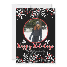 Red Berries White Blätter Black Holiday Foto Card