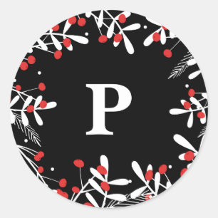 Red Berries & White Blätter Rustikaler Schwarzer U Runder Aufkleber
