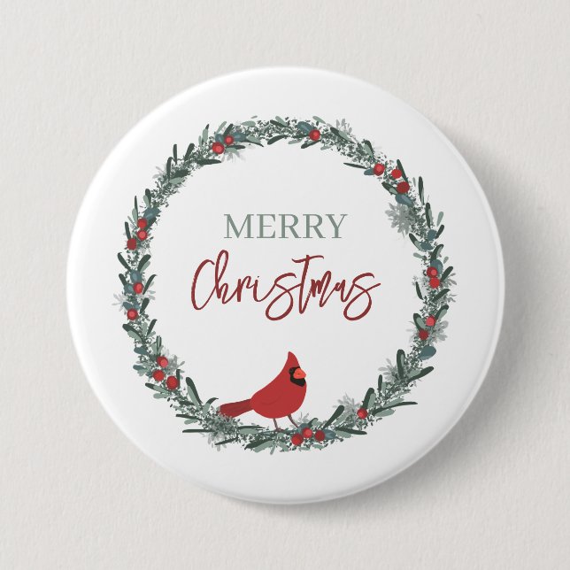 Red Berries Wreath and Red Cardinal Christmas  Button (Vorderseite)