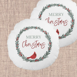 Red Berries Wreath and Red Cardinal Christmas  Rundes Kissen