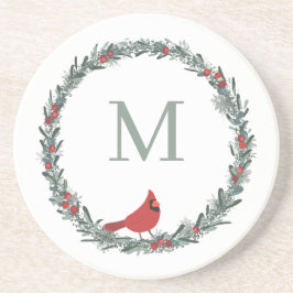 Red Berries Wreath and Red Cardinal Monogram  Getränkeuntersetzer