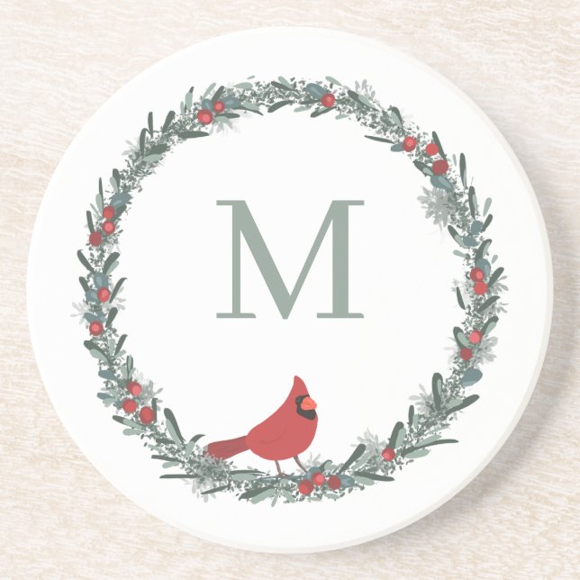 Red Berries Wreath and Red Cardinal Monogram  Getränkeuntersetzer (Vorne)