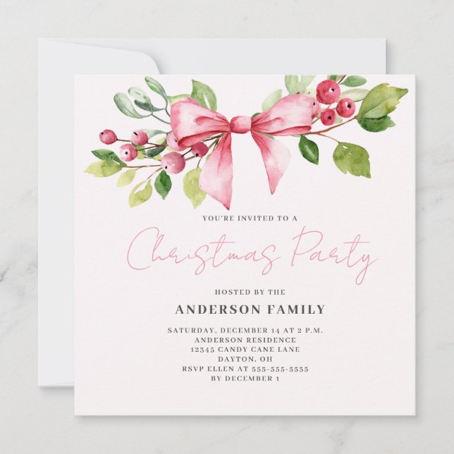Red Berry Bow Weihnachtsfeier Einladung (Vorderseite)