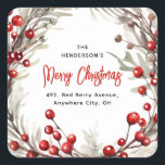 Red Berry Christmas Wreath Rücksendeadresse Quadratischer Aufkleber<br><div class="desc">Nehmen Sie sich die Mühe,  dieses Jahr Weihnachtskarten mit diesen festlichen Rücksendeadressen-Aufklebern der Roten Beere zu versenden. Mit einem Aquarellkranz aus roten Beeren und botanischem Blattwerk. Das kalligraphische Skript und eine Rücksendeaufklebervorlage können leicht angepasst werden.</div>