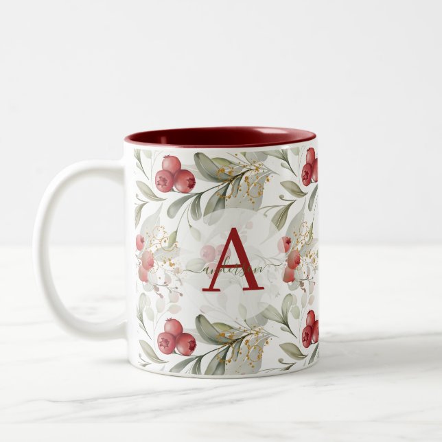 Red Berry Cranberry Branches Mit Monogramm Weihnac Zweifarbige Tasse (Links)