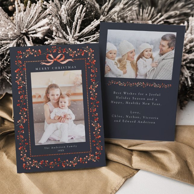 Red Berry Frame 2 Foto Navy Weihnachten (Front & Back)