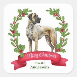 Red Berry Holly Banner Great Dane Dog Weihnachten Quadratischer Aufkleber