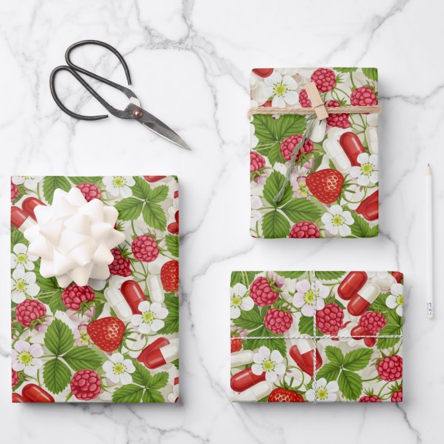 Red Berry & Pills Pharmacy Gift Wrapping Paper Geschenkpapier Set (Vorderseite)