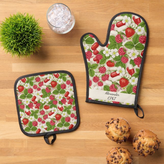 Red Berry & Pills Pharmacy Kitchen Ofenhandschuh & Topflappen-Set (Oben Unten)