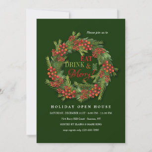 Red Berry Wreath Open House Feiertagskarte