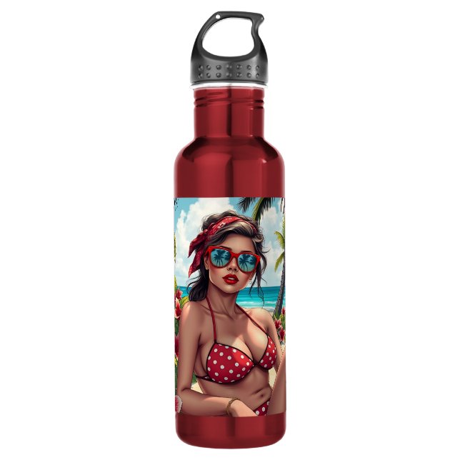 Red Bikini, Sonnenbrille und Bandana Frau Edelstahlflasche (Vorderseite)