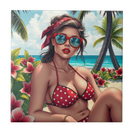 Red Bikini, Sonnenbrille und Bandana Frau Fliese