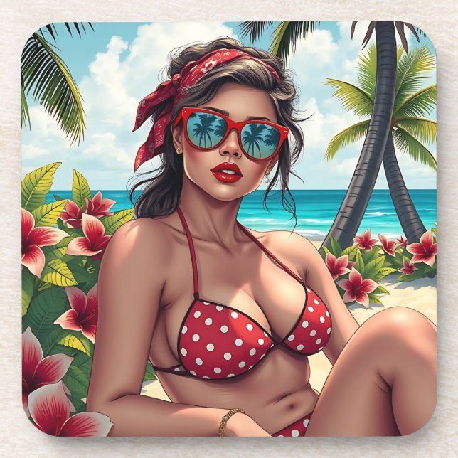 Red Bikini, Sonnenbrille und Bandana Frau Getränkeuntersetzer (Vorderseite)