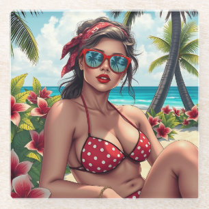 Red Bikini, Sonnenbrille und Bandana Frau Glasuntersetzer