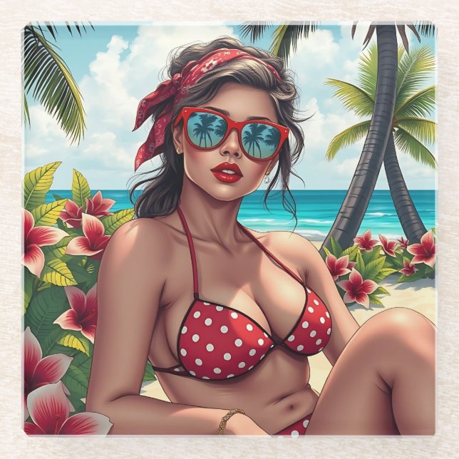 Red Bikini, Sonnenbrille und Bandana Frau Glasuntersetzer (Vorderseite)